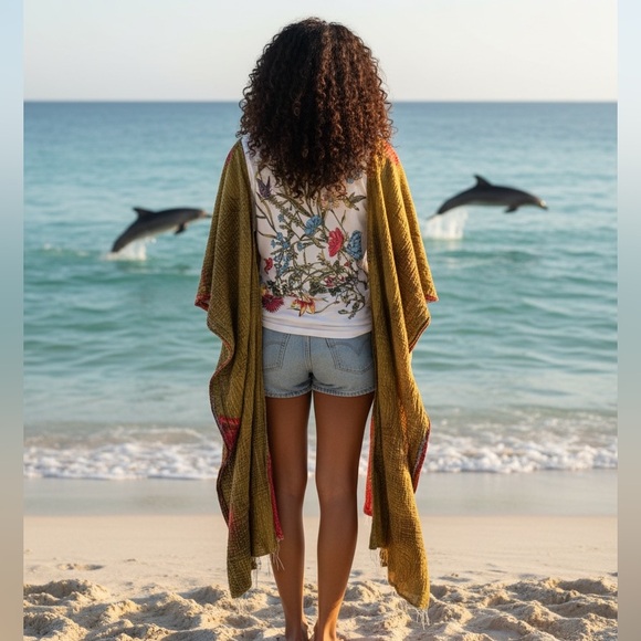 FLEETWOOD MAC BAND T Poncho Kantha Handmade One Of a Kind Upcycled Boho pockets - Picture 4 of 7